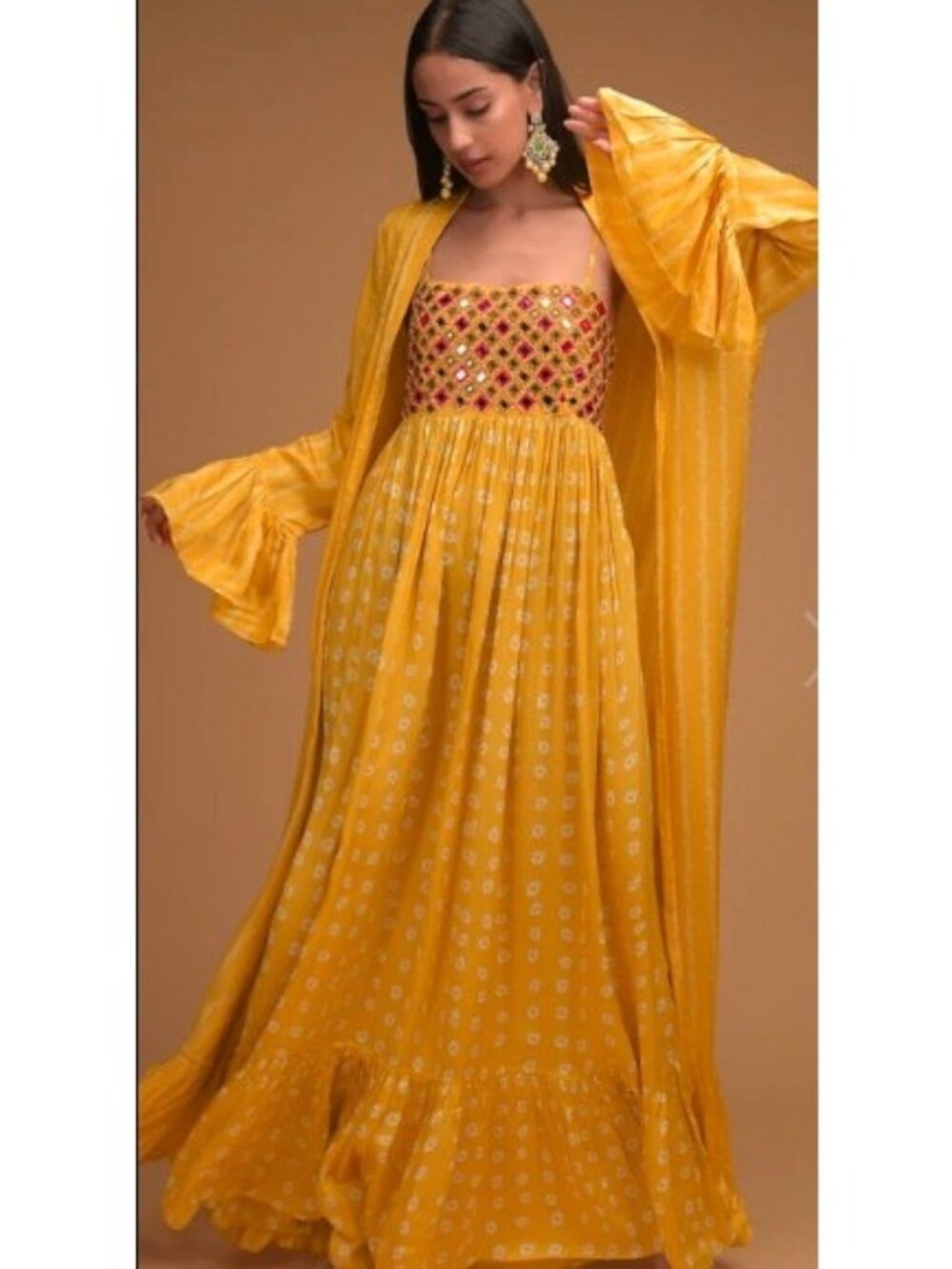 Kalki Fashion Dress Women's Small Yellow Hancrafted  Mirror Embellished Floral
